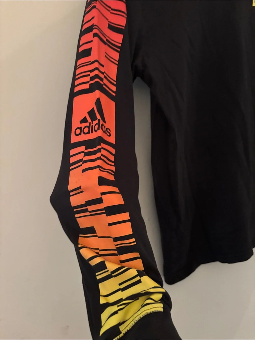 adidas Black Long Sleeve Tee with Neon Gradient Logo and Sleeve Stripes